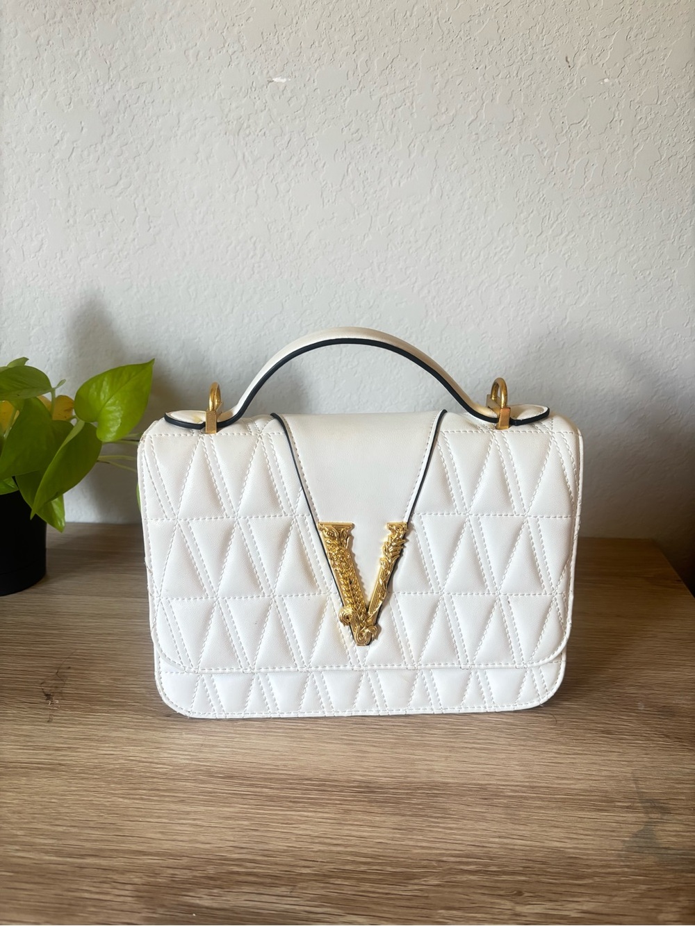Versace White Quilted & Smooth Top-Handle Satchel with Gold Hardware